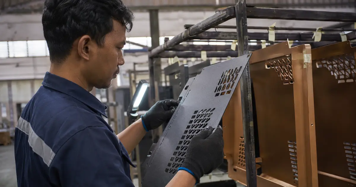 Pemeriksaan finishing powder coating untuk QC produk laser cutting